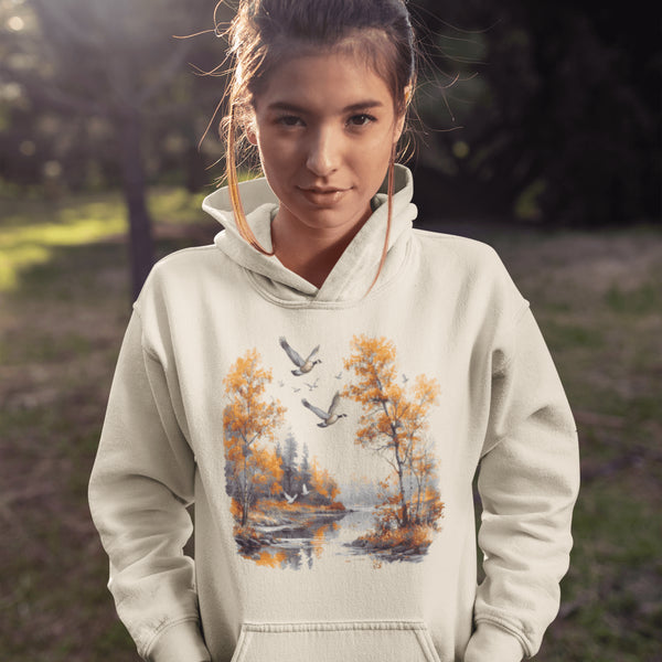This design captures a stunning autumn forest scene, complete with vibrant golden leaves, a tranquil creek, and graceful geese soaring across the sky.